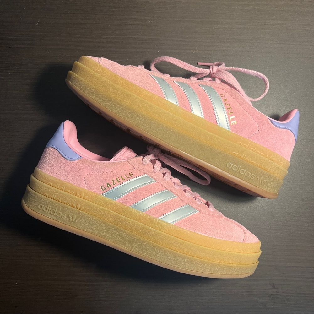 Adidas Women's Pink and Silver Platform Gazelles